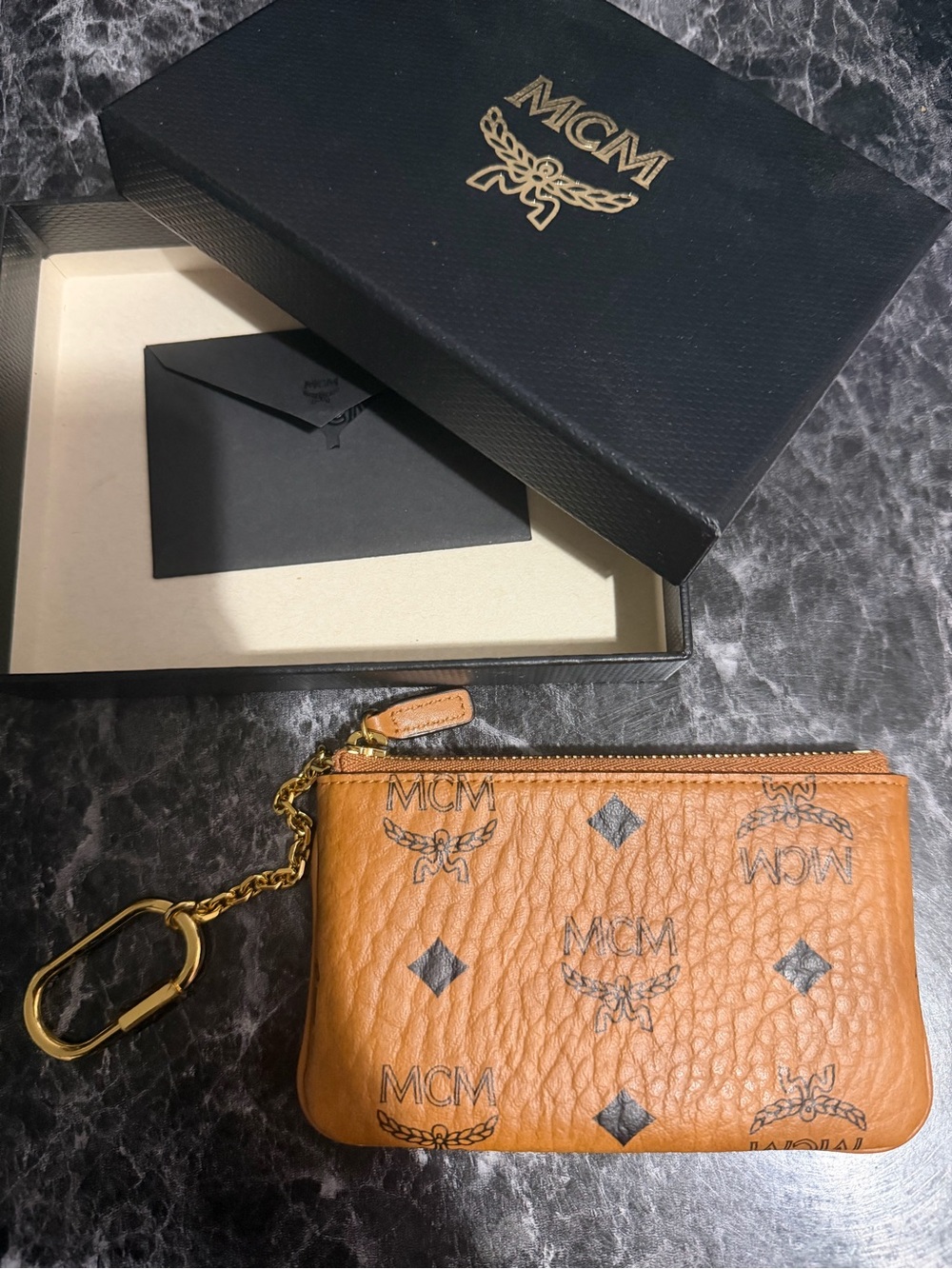MCM Cognac Logo Key Pouch with Gold Chain Accent